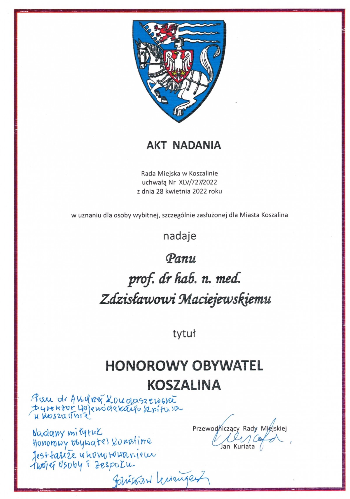 tytuł Honorowego Obywatela Koszalina dla Profesora Zdzisława Maciejewskiego
